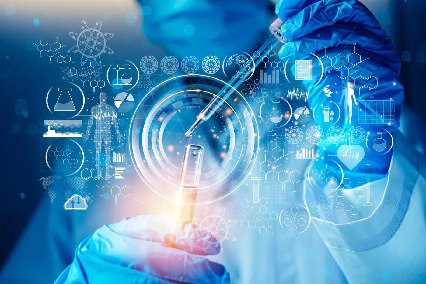 Researcher with AI overlays in a laboratory
